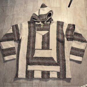 Baja Joe Men's Hooded Baja Style pullover - Cream with Black & Red stripe XL